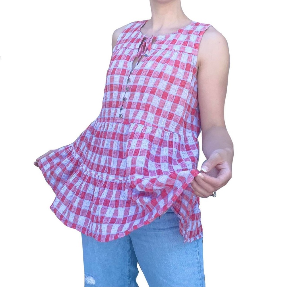 Anthropologie Pilcro & The Letterpress Neve Tiered Gingham Top Pink Blue Large